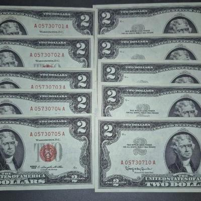 Sale Photo Thumbnail #309: (10) Consecutive 1963 RED SEAL $2 bills, these bills are very crisp and in great condition.