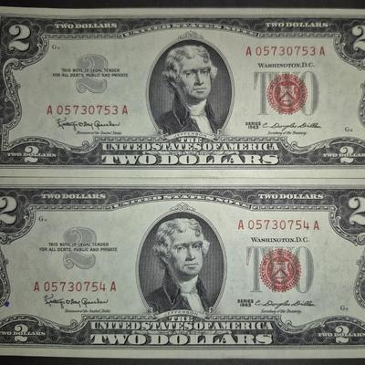 Sale Photo Thumbnail #315: (2) 1963 RED SEAL $2 Bills, These are consecutive and from the same serial number set as Lot 41.