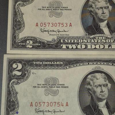 Sale Photo Thumbnail #318: (2) 1963 RED SEAL $2 Bills, These are consecutive and from the same serial number set as Lot 41.