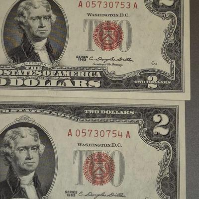 Sale Photo Thumbnail #317: (2) 1963 RED SEAL $2 Bills, These are consecutive and from the same serial number set as Lot 41.