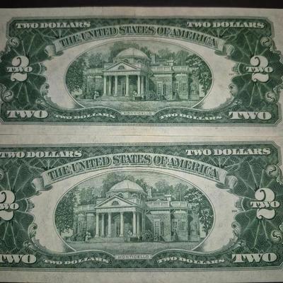 Sale Photo Thumbnail #328: (2) 1953 RED SEAL $2 Bill STAR NOTE, this is also the last year that these were produced without the In God we trust Motto on back, Thes e bills are in great condition, very crisp