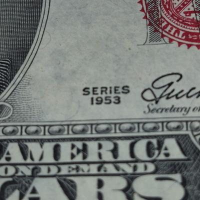 Sale Photo Thumbnail #324: (2) 1953 RED SEAL $2 Bill STAR NOTE, this is also the last year that these were produced without the In God we trust Motto on back, Thes e bills are in great condition, very crisp