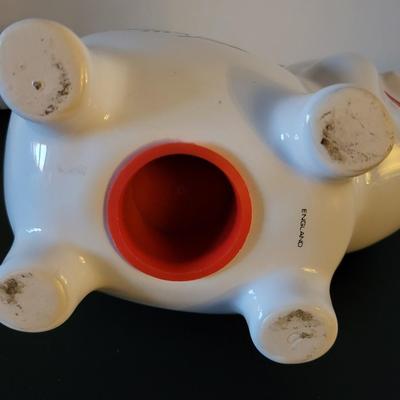 Sale Photo Thumbnail #523: Vintage 1980's Cornflower Blue Piggy Bank England (has a crack but may be from age as pictured)
6 3/4" long 
4 3/4" tall