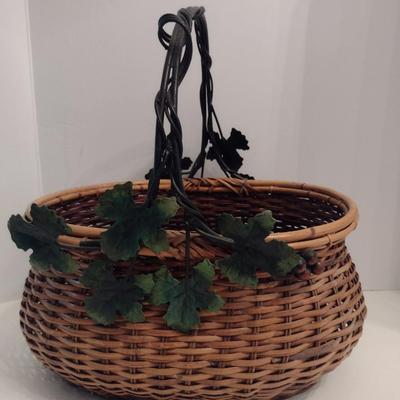 Large, Woven Basket with Metal Ivy Design Handle
