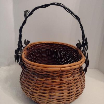 Large, Woven Basket with Metal Ivy Design Handle