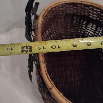 Large, Woven Basket with Metal Ivy Design Handle