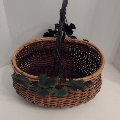 Large, Woven Basket with Metal Ivy Design Handle