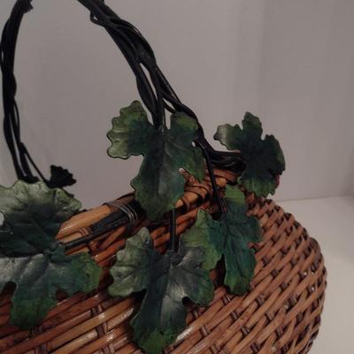 Large, Woven Basket with Metal Ivy Design Handle