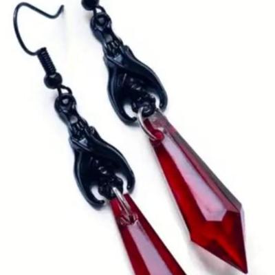DAT - Gothic Bat Dangle Earrings with Red Faux Gemstones