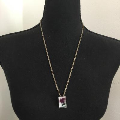 Vintage, acrylic, flower pendant, silver tone, chain necklace