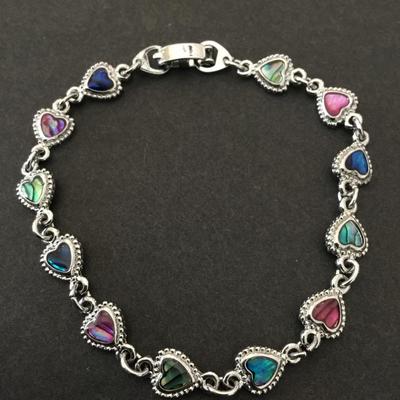 Super cute very nice silver toned multicolored Abalone Shell heart, tennis bracelet