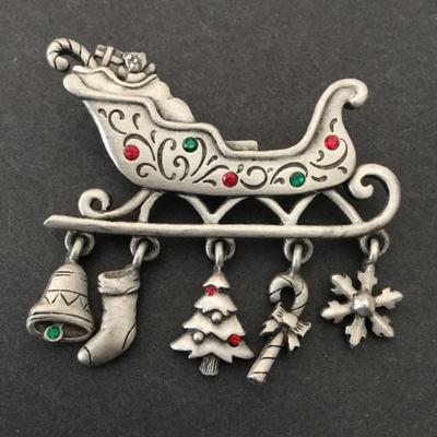 Vintage pewter Christmas sleigh, charm brooch