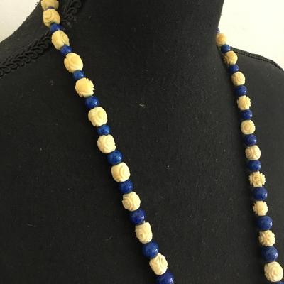 Beautiful, vintage, celluloid, rose bead, blue, ceramic bead necklace