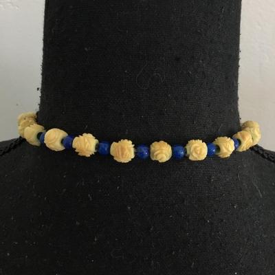 Beautiful, vintage, celluloid, rose bead, blue, ceramic bead necklace