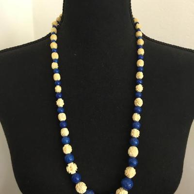 Beautiful, vintage, celluloid, rose bead, blue, ceramic bead necklace