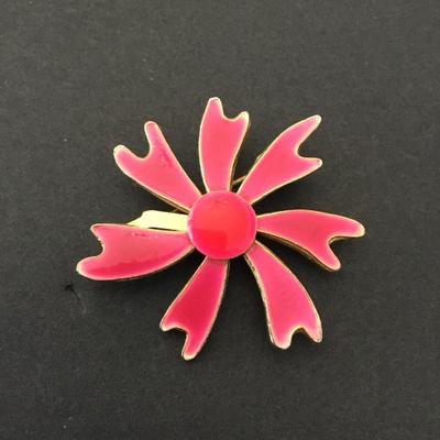 Mid century, gold tone, hot pink enamel flower brooch