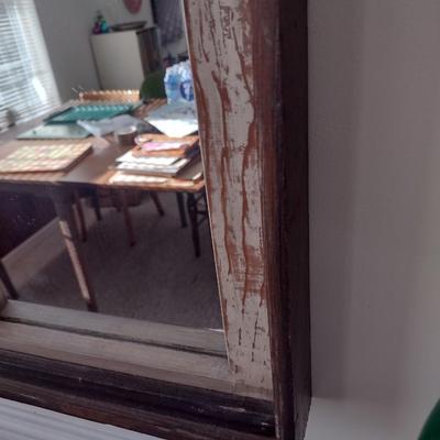 Decorative Wood Framed Window Mirror with Metal Leaf Accent