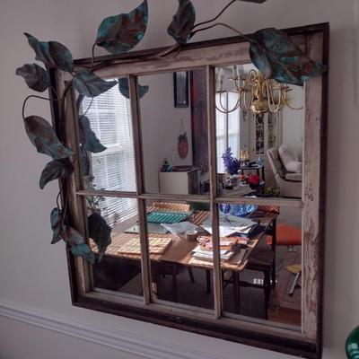 Decorative Wood Framed Window Mirror with Metal Leaf Accent