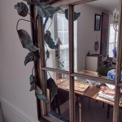 Decorative Wood Framed Window Mirror with Metal Leaf Accent