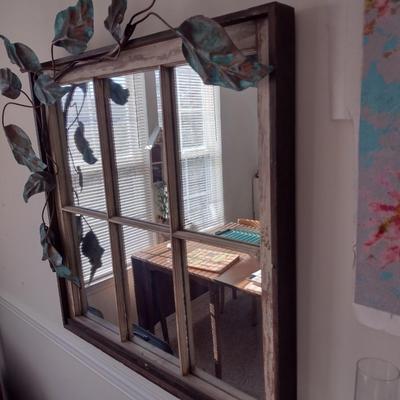 Decorative Wood Framed Window Mirror with Metal Leaf Accent