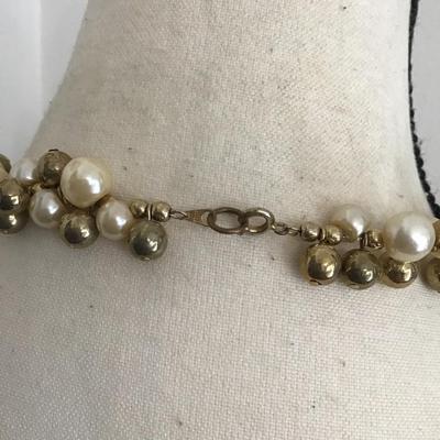 Sale Photo Thumbnail #19: Vintage Faux pearl necklace with gold tone beads. Please see test photos.
