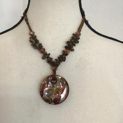 Sale Photo Thumbnail #120: Beautiful glass beaded, polished, agate, Mirano glass pendant necklace. Please see attached photos.