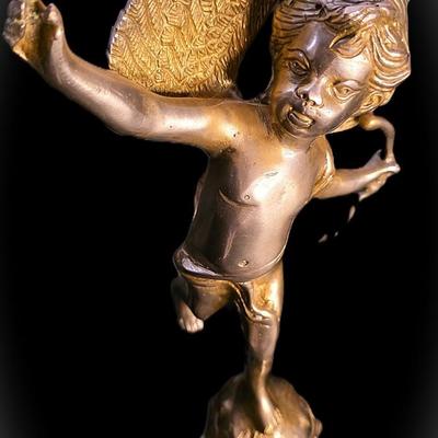 Vintage Heavy Solid Brass Cupid (Eros) Statue on Celestial Globe – 17” French Art Nouveau–Inspired Classical Sculpture