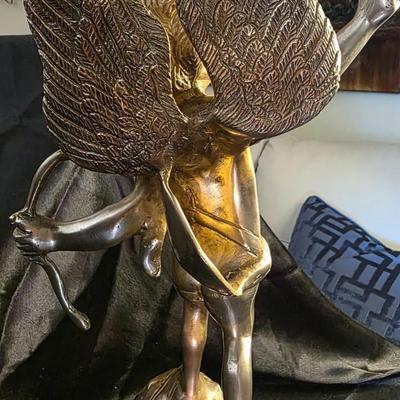 Vintage Heavy Solid Brass Cupid (Eros) Statue on Celestial Globe – 17” French Art Nouveau–Inspired Classical Sculpture