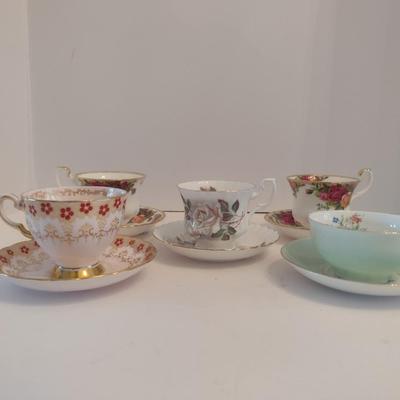 Collection of Porcelain Tea Cups with Saucers- Assorted Makers- Five Pieces