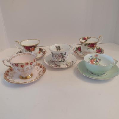 Collection of Porcelain Tea Cups with Saucers- Assorted Makers- Five Pieces