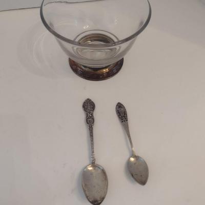 Two Sterling Spoons and Glass Bowl with Sterling Silver Base