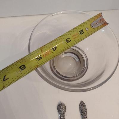 Two Sterling Spoons and Glass Bowl with Sterling Silver Base