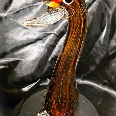 Murano-Style Hand-Blown Amber Art Glass Duck Figurine with Bullicante Detail