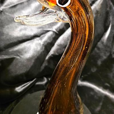 Murano-Style Hand-Blown Amber Art Glass Duck Figurine with Bullicante Detail