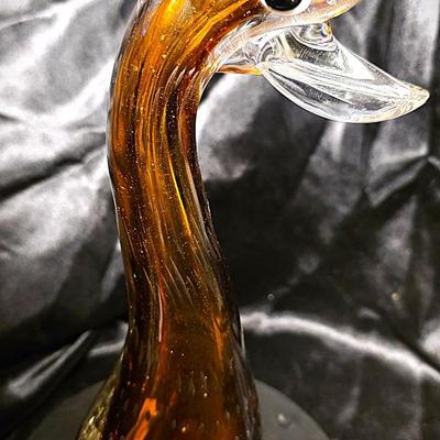 Murano-Style Hand-Blown Amber Art Glass Duck Figurine with Bullicante Detail