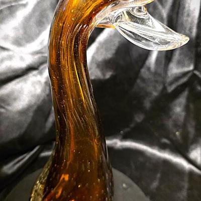 Murano-Style Hand-Blown Amber Art Glass Duck Figurine with Bullicante Detail