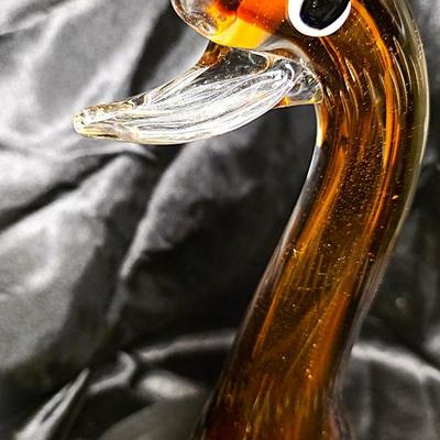Murano-Style Hand-Blown Amber Art Glass Duck Figurine with Bullicante Detail