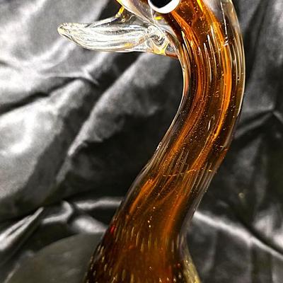 Murano-Style Hand-Blown Amber Art Glass Duck Figurine with Bullicante Detail
