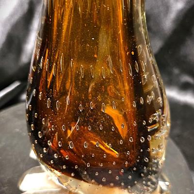 Murano-Style Hand-Blown Amber Art Glass Duck Figurine with Bullicante Detail