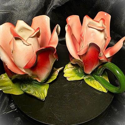 Vintage Italian Capodimonte-Style Pink Rose Porcelain Candle Holders – Hand-Painted Floral Pair