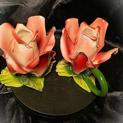 Vintage Italian Capodimonte-Style Pink Rose Porcelain Candle Holders – Hand-Painted Floral Pair