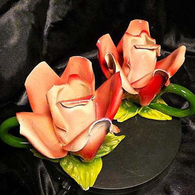 Vintage Italian Capodimonte-Style Pink Rose Porcelain Candle Holders – Hand-Painted Floral Pair