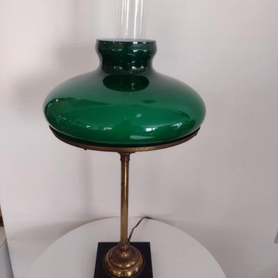 Vintage Brass Finish Post Table Lamp with Green Glass Shade