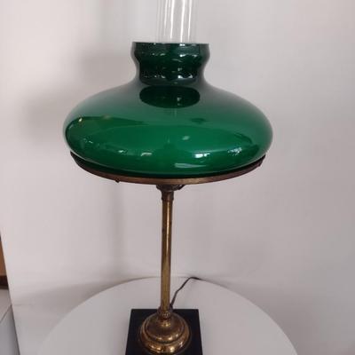 Vintage Brass Finish Post Table Lamp with Green Glass Shade