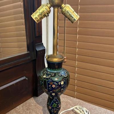 Vintage Chinese Cloisonné Enamel Table Lamp, Floral & Butterfly Motif on Midnight-Blue 20”