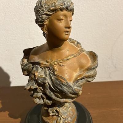 Vintage Art Nouveau-Style Spelter Bust of a Serene Young Woman with Floral Drapery