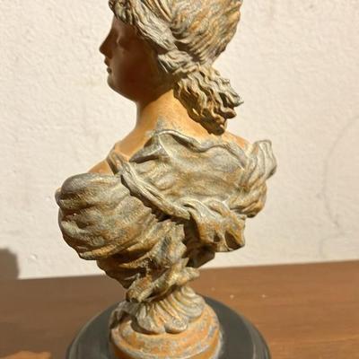 Vintage Art Nouveau-Style Spelter Bust of a Serene Young Woman with Floral Drapery