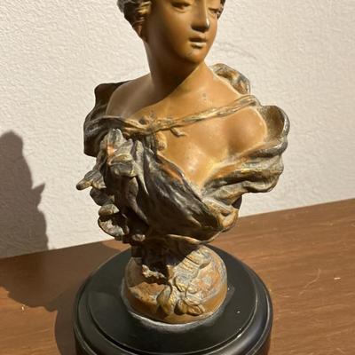 Vintage Art Nouveau-Style Spelter Bust of a Serene Young Woman with Floral Drapery