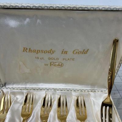 Set of (6) 18 K Gold Plated Dessert Forks In Case. 