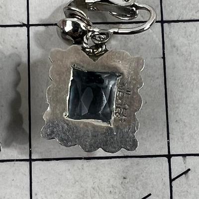 Pair of Large Faceted Aqua Marine Clip on Earrings, Marked Silver Mexico